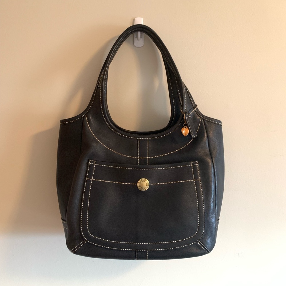 Vintage Coach large ergo Black Leather with striped lining
